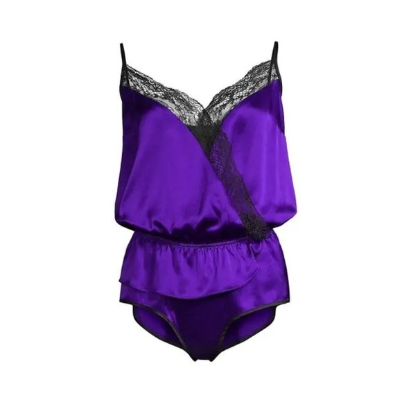 Kiki de Montparnasse Teddy in Electric Purple, Xs 100% SILK + black lace